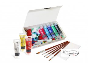 Akrylové barvy PRIMO, sada, 8 x 75ml, plátno, 5 štětců LUX